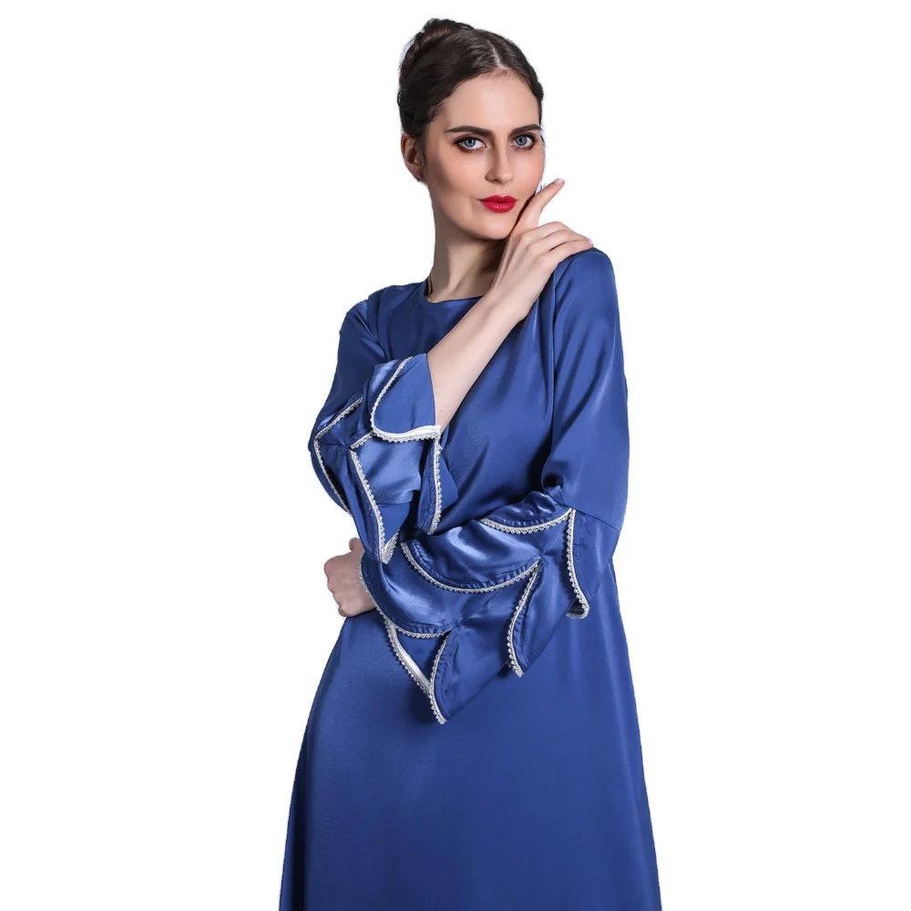 

Bicomfort Wholesale Elegant Modest Muslim Dress Plain Three-Layer Sleeve Bright Bead A-Line Long Dress with round Neck for Eid