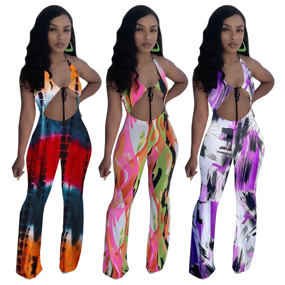 

2021 New Arrivals Fashion Women Neck Drawstring Backless Sleeveless Flared Pants Hollow Out Tie Dye Jumpsuit, Picture show