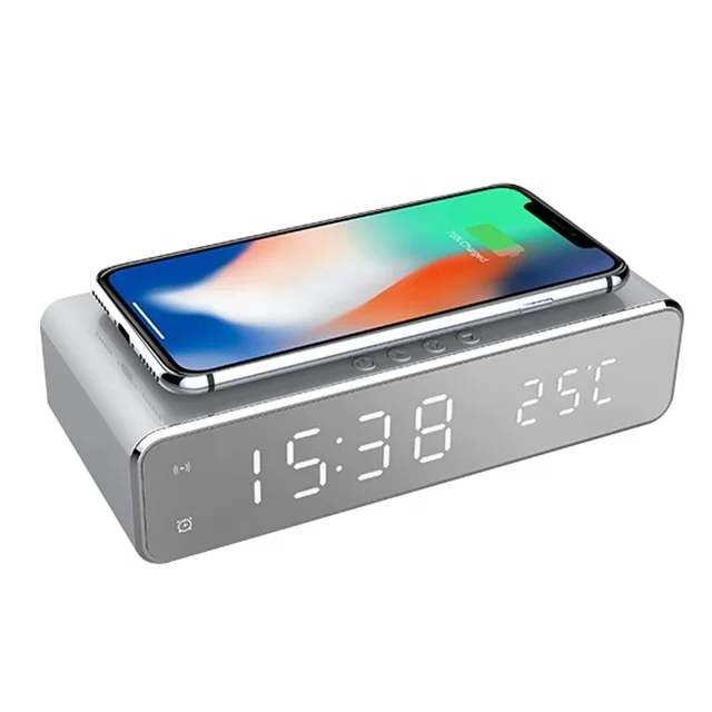 

High Quality 10W Fast Qi Charger Digital LED Alarm Clock Phone Wireless Charging, Silver,black