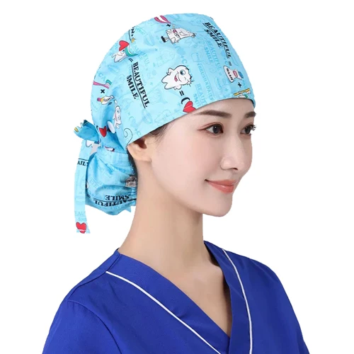 

Tie Back Scrub Cap with Ponytail Pouch Working Hat for Nurse Long Hair, Solid dyed&printed