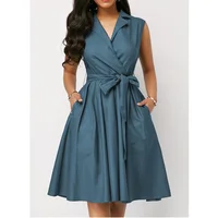 

Plus Size Turn Down Collar Sashes Bow Solid A-line Female Career Dress