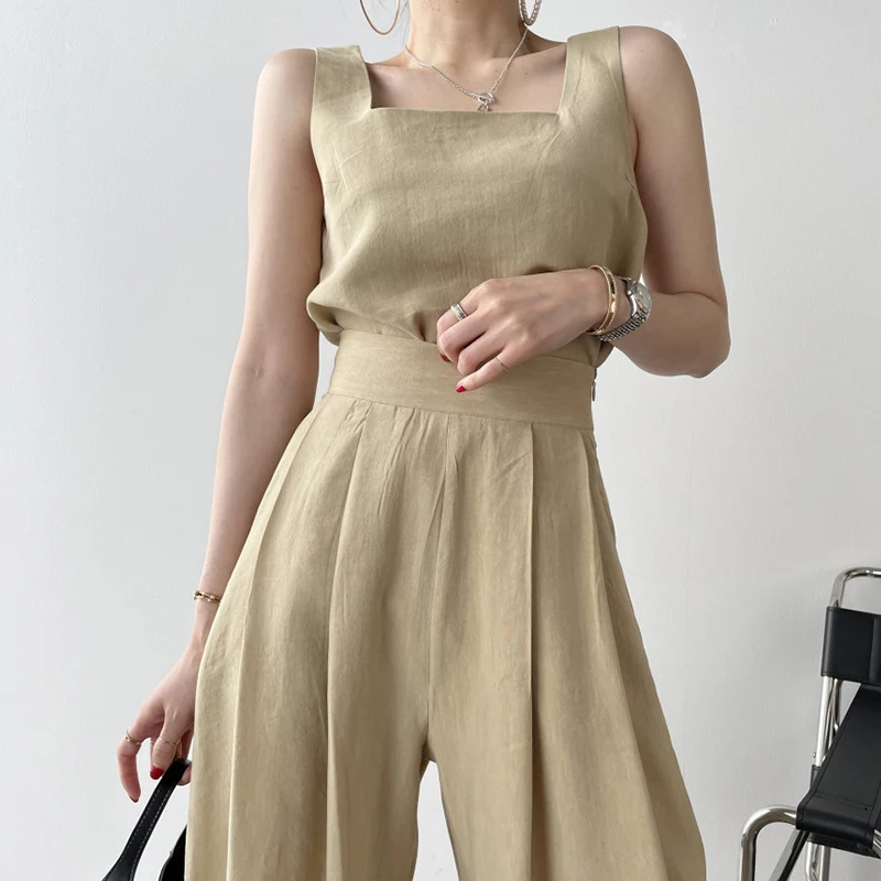 Wholesale 2026 Autumn Korean Chic Square Neck Loose Vest Top + High Waist Pleated Wide Leg Casual Trousers Women Sets