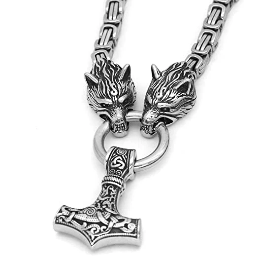 

Men Vintage Jewelry Stainless Steel King Chain Norse Viking Celtic Thor Hammer Pendant Amulet Wolf Head Mjolnir Necklace