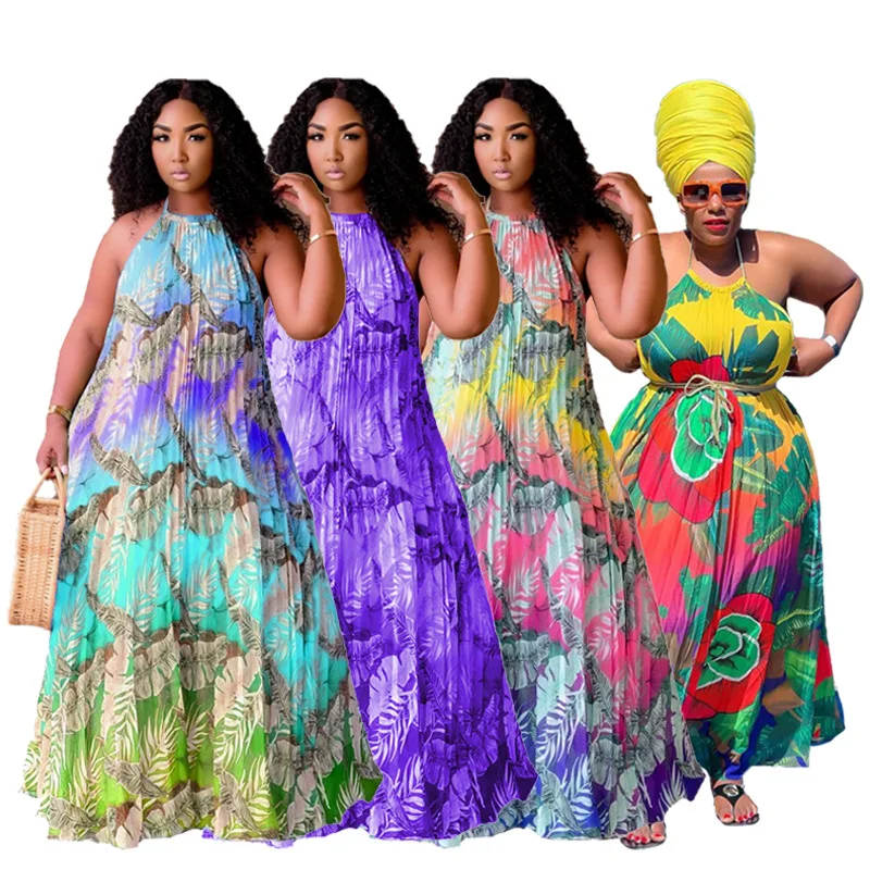 

PSD2062 New Design Summer Halter Long Maxi Pleated Backless Plus Size Chiffon Floral Ladies Dress, As show