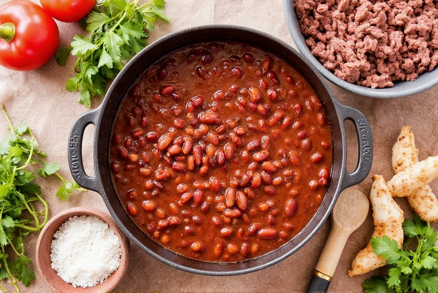 Step-by-step preparation of classic beef and kidney bean chili in cast iron pot with ingredients arranged around