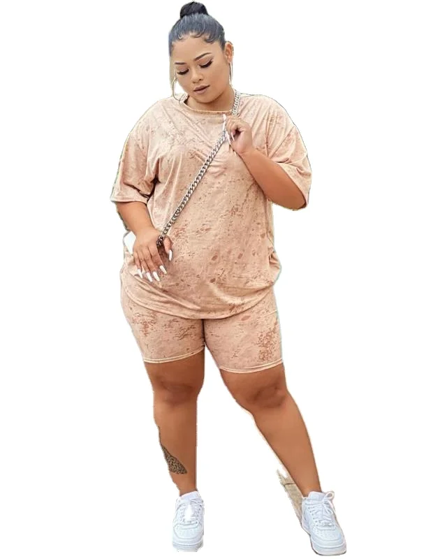 

2021New Arrival plus size two piece sets solid color pattern short sleeves 2 piece set women two piece sets, Khaki