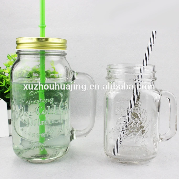 Ice Cold Drinking 20 Oz Glass Mason Jar With Handle And Straw Lids