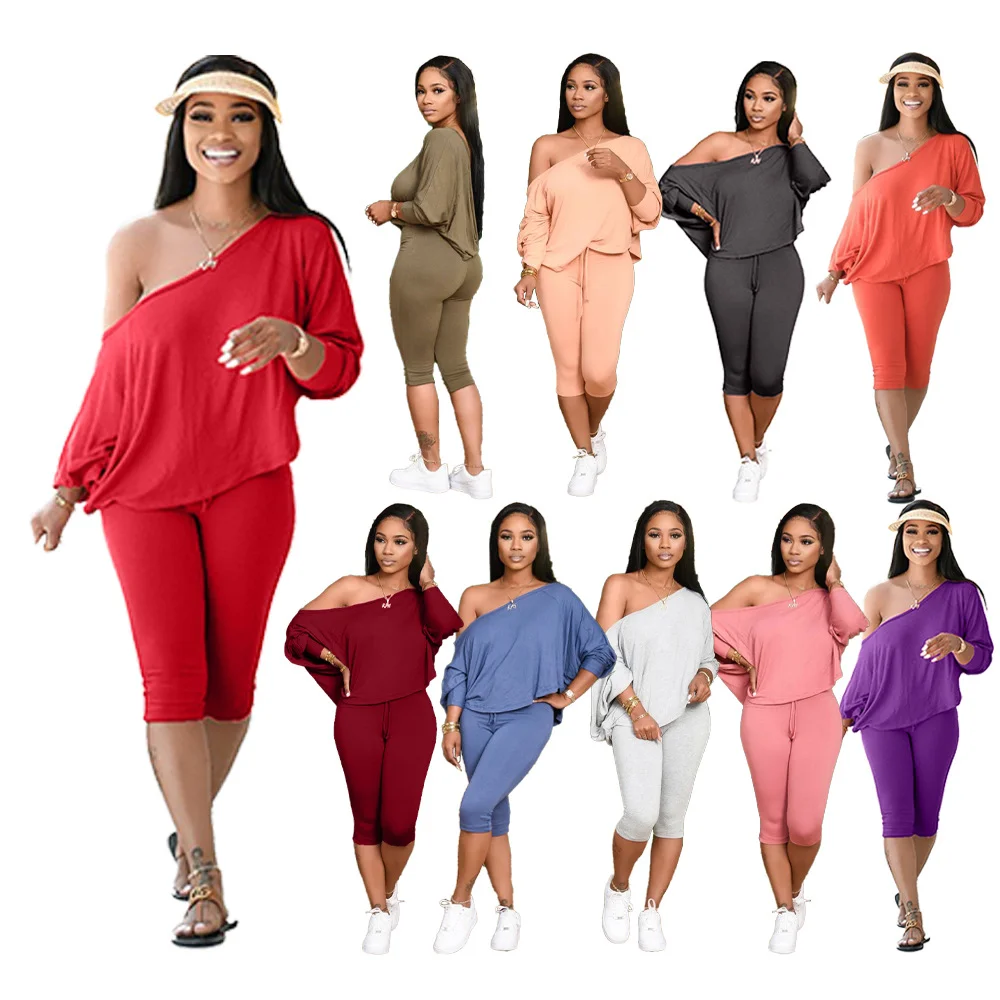 

2020 Ladies 2 Pcs Long Sleeve One Shoulder Tops And Shorts Plus Size Summer Women Two Piece Set, Picture