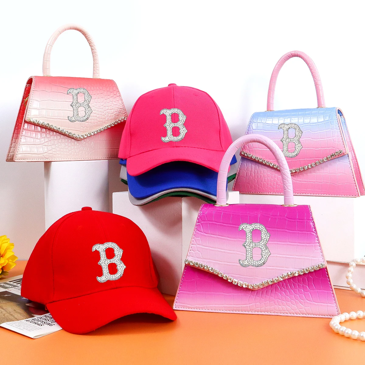 

Daily universal ladies bag formal hats brand women shoulder bags high quality PU leather solid color handbag and hat set, 8 colors