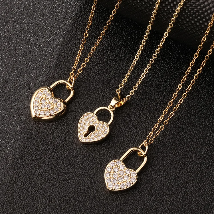 

Cross border Europe America lock Pendant Necklace women's fashion 18K gold geometric love zircon clavicle chain