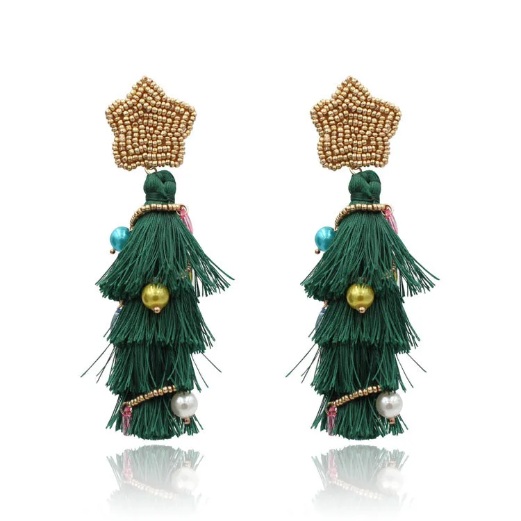 

Fashion Handmade Christmas Tree Long Large Tassel Golden Beaded Earrings, As photo