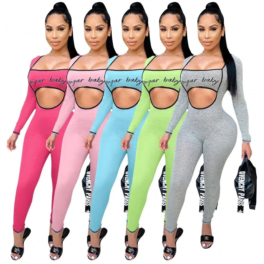 

Pn6602 Women Fashion Jumpsuits Sexy Solid Color Letter Printed For Long Sleeve