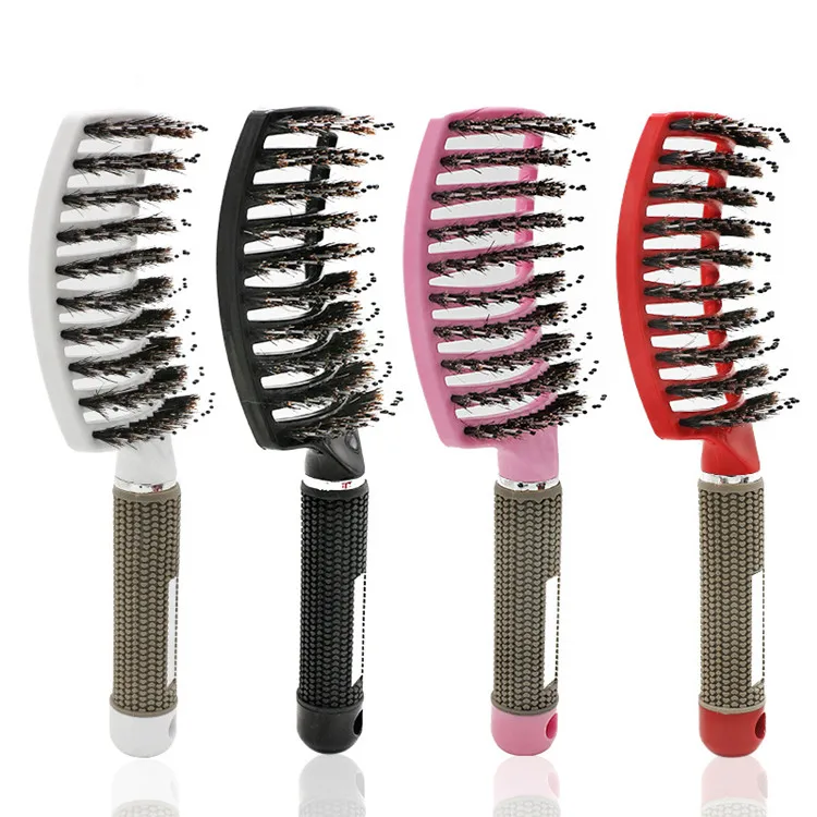 Private Label Natural Extensions Curved Paddle Comb Boar Bristle Hair Brush, White, black,red,pink, customized color accepted