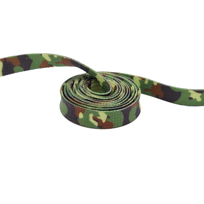 

Xuansi Heat Transfer Camouflage Green Color Heat Stamped Shoelaces Flat Design Width 0.8 Length 120cm Support Custom Size