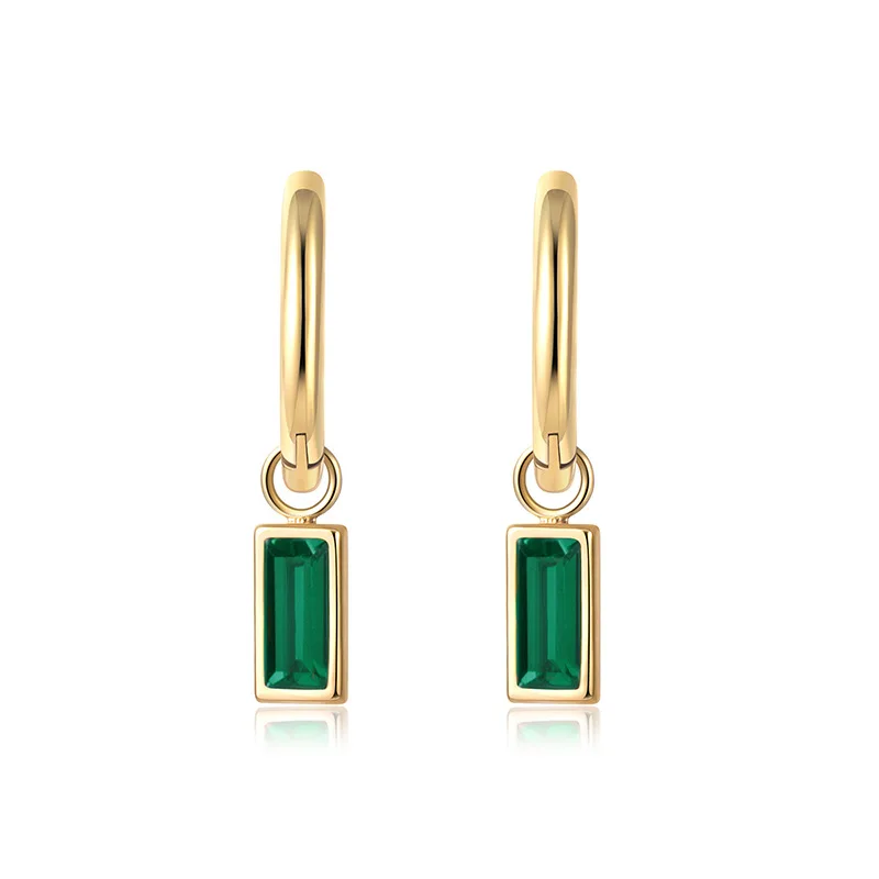 

Fashion 14K Gold Plated Rectangular Earrings Stainless Steel Zircon Emerald Drop Earrings For Women Girl