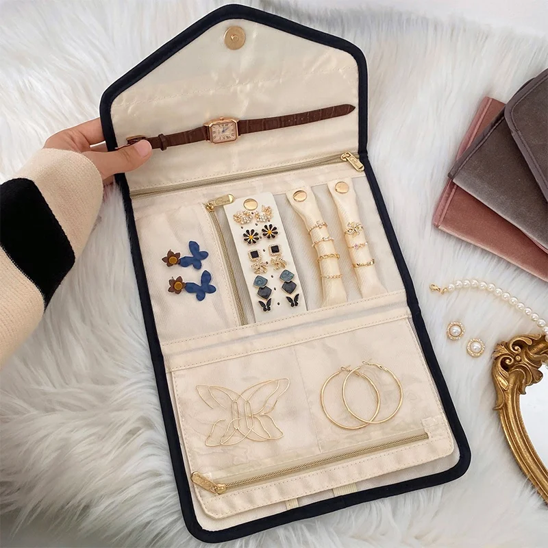 

Portable Velvet Multifunction Jewelry Earrings Necklace Cosmetics Dustproof Folding Foldable Travel packing Storage Bag, White,black,brown,blue,etc.