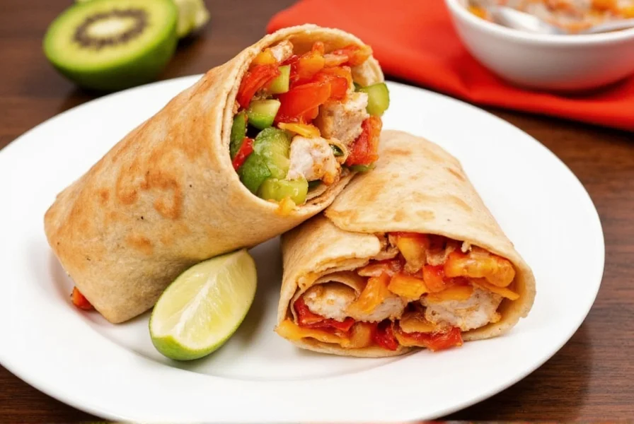 Dunkin chicken and roasted pepper wrap on white plate with side of fruit