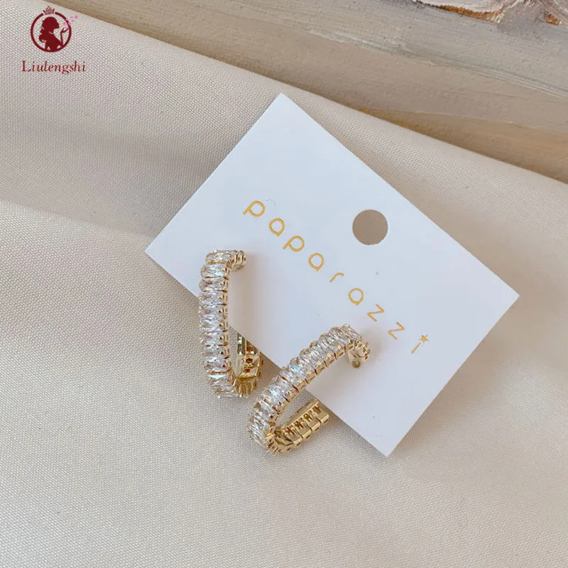 

New Trendy Bling Baguette Cubic Zirconia CZ Half Hoop Earrings Women Gold Plate Brass CZ Open Stud Hoop Earrings