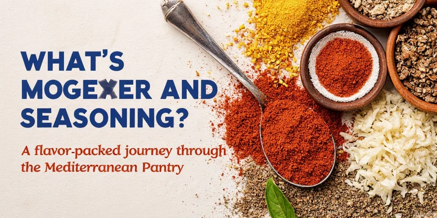 A colorful array of Greek herbs and spices including oregano, thyme, and sumac