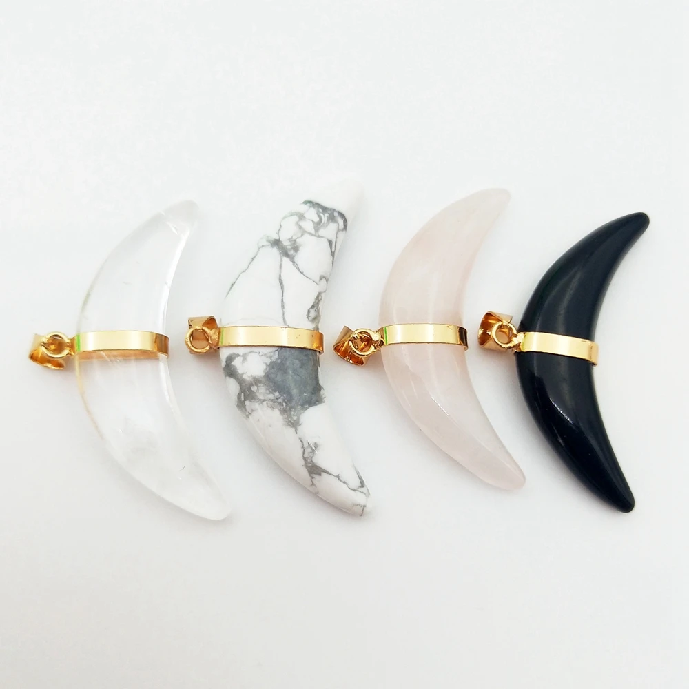 

natural gemstone clear rose quartz pendant moon/crescent ox horn shaped charm howlite obsidian gold plated jewelry for Necklace, Multi