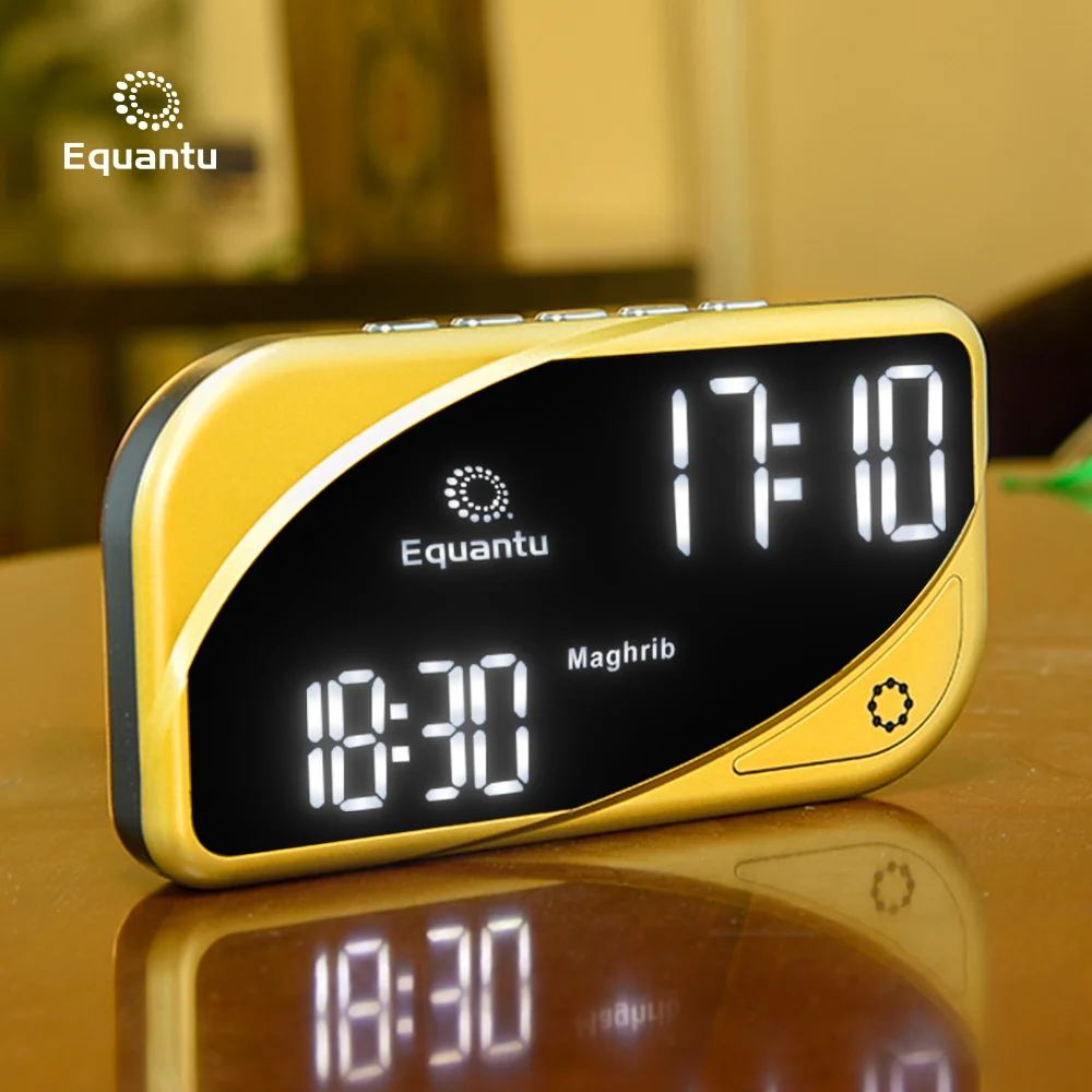 

Equantu muslim automatic prayer assistant counter accurate digital quran player religious al harameen azan clock speaker, Black and gold