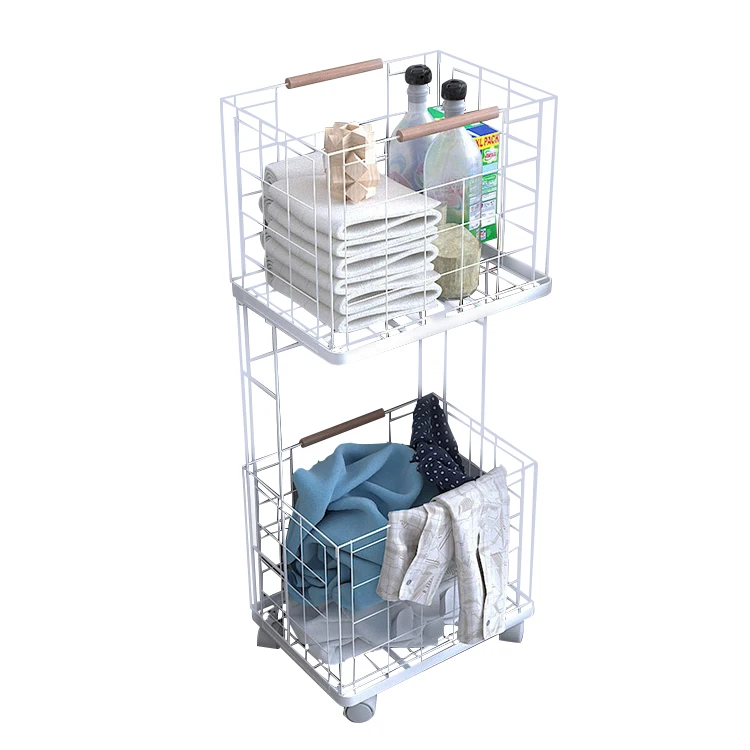 

White Metal Double Layers Clothes Basket With Lockable Casters For Bathroom with storage holders