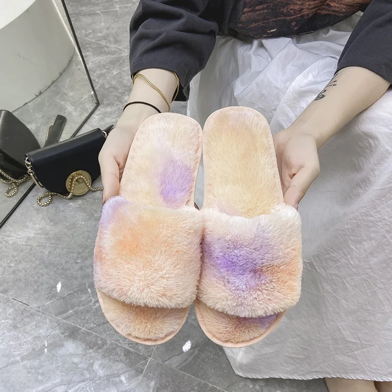 

Evawanna Factory price cheap slides super cute plush fur slippers Cheap Rabbit Fur Slides Plush Fur Slippers, Customized color
