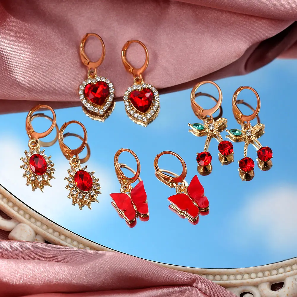 

Korea Sweet Elegant Jewelry Gift 4 Pairs/set Gold Plated Small Crystal Love Heart Cherry Butterfly Hoop Earrings, Gold color