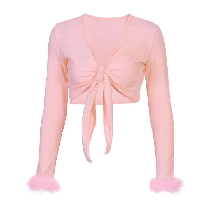

Fast Delivery Casual Female Pink Cute Tops Polyester Ribbed Corset Long Sleeve Crop Tops, 4 colors