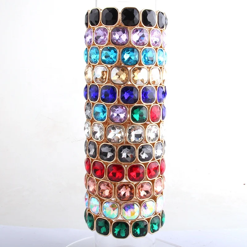 

14 Different Color Women Metal Strand Bracelet Gold Alloy with Rhinestone Elastic Crystal Glass Bling Bracelet