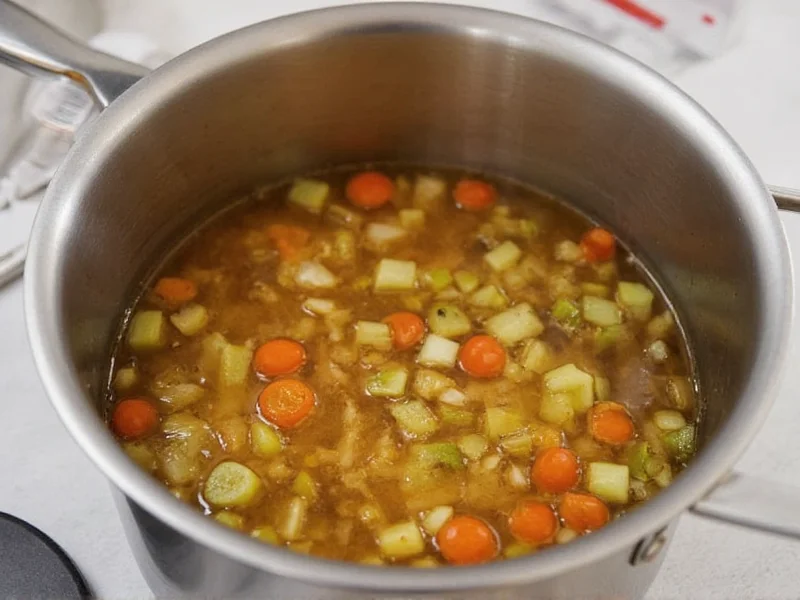 Homemade broth simmering in stainless steel pot with vegetables