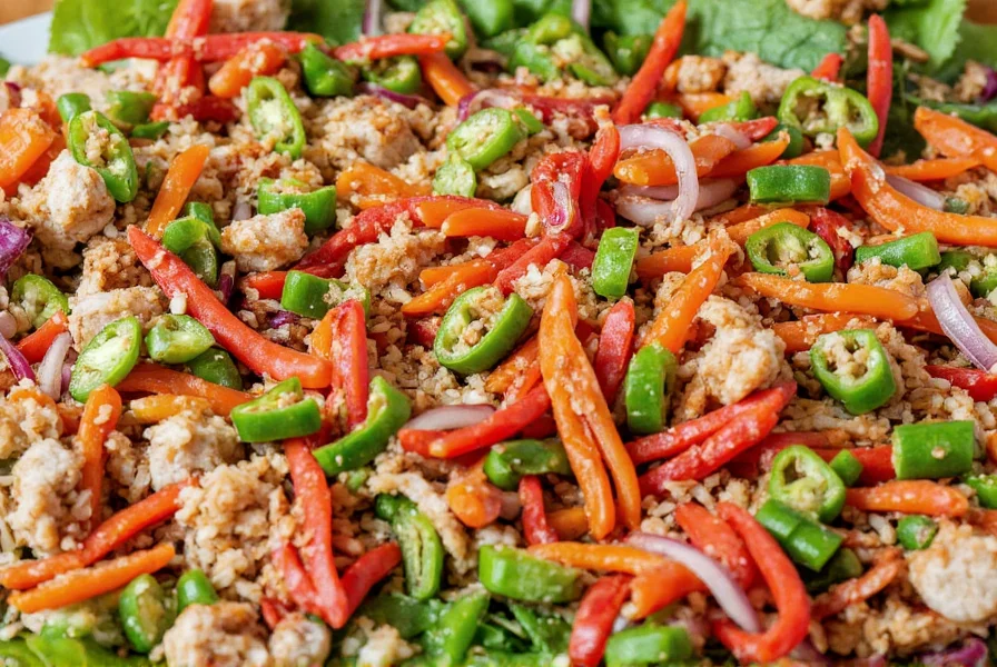 Colorful platter of Southeast Asian chili salad variations showing Thai, Vietnamese, and Laotian styles with different vegetables and proteins