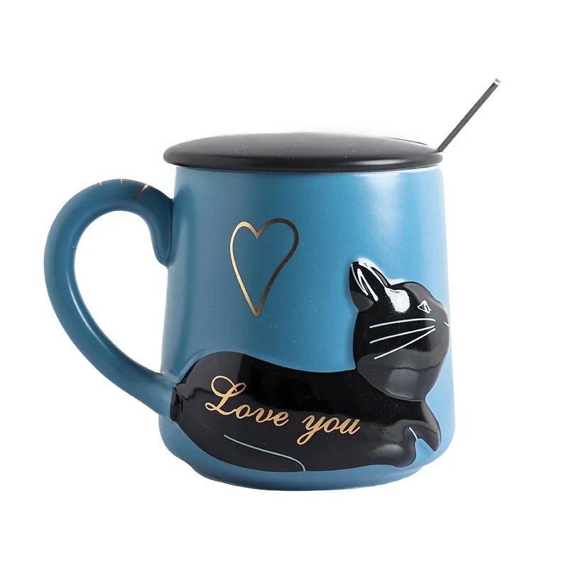

(customized) 2021 400ml 3D relief cat ceramic cup with lid and spoon coffee cup lovers mug