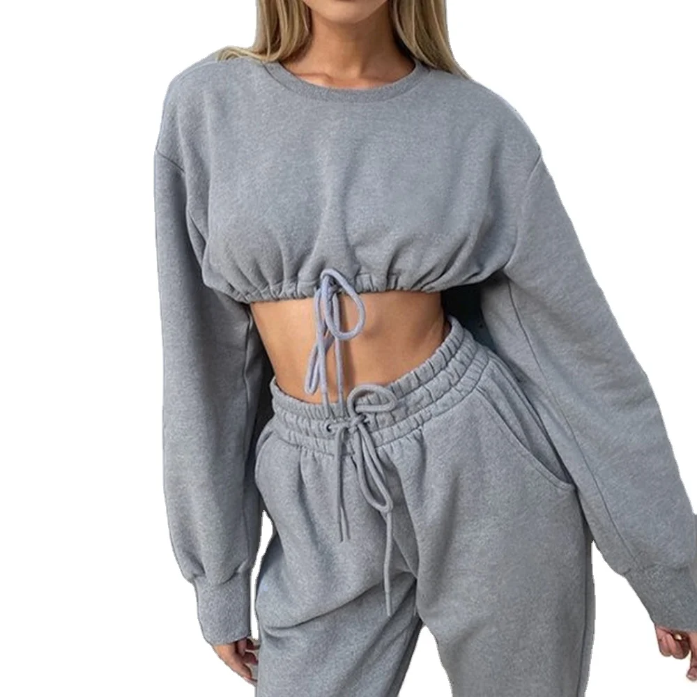 

Wholesale 100% cotton Crop Top And Pants Tracksuits Women Sportswear Casual Matching Two Piece Set 2 Piece Set Women Clothing, As picture