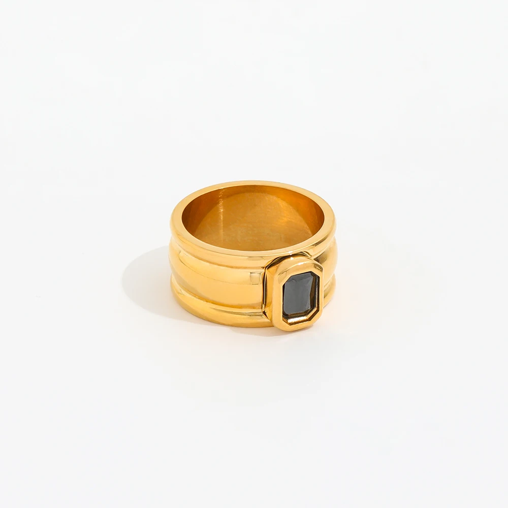 Joolim High End 18K Gold Plated Stainless Steel Black Zirconia Chunky Gourd Band Rings for Women Finger Ring Wholesale