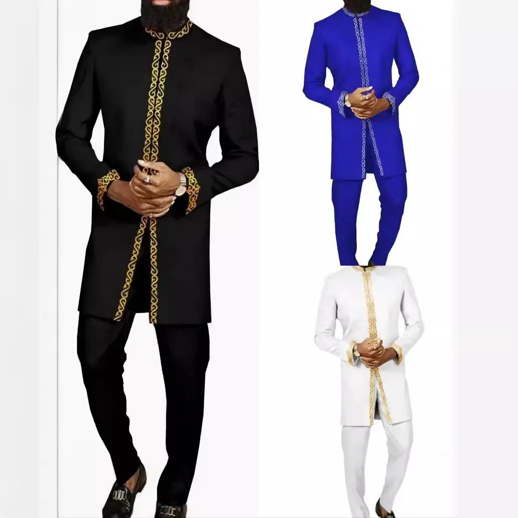 M-4XL Four Seasons Wearable New Pure White Long Sleeve Pullover African Ethnic Top + Long Pants Men's Suit 2 Piece Set