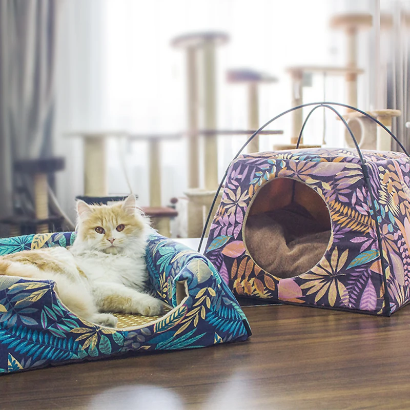 

Dropshipping Cat House Leaves Pattern Creative Dual-use Cat Bed All Season Sleeping Bag for Cat Pet, Purple or on your requirement