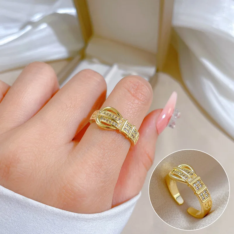 

Gold Plated Buckle Band Brass Full Crystal Rings Open Adjustable Wedding Zircon Fingers Ring