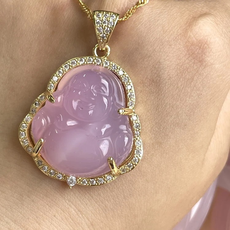 

Wholesale Cheap ice out pink agate laughing buddha with 18inch gold chain