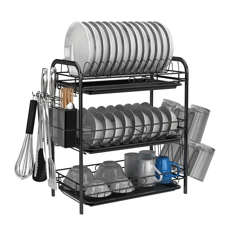 

Dish drying rack 3 tier dish rack with utensil holder cup holder and dish drainer for kitchen counter top, Black