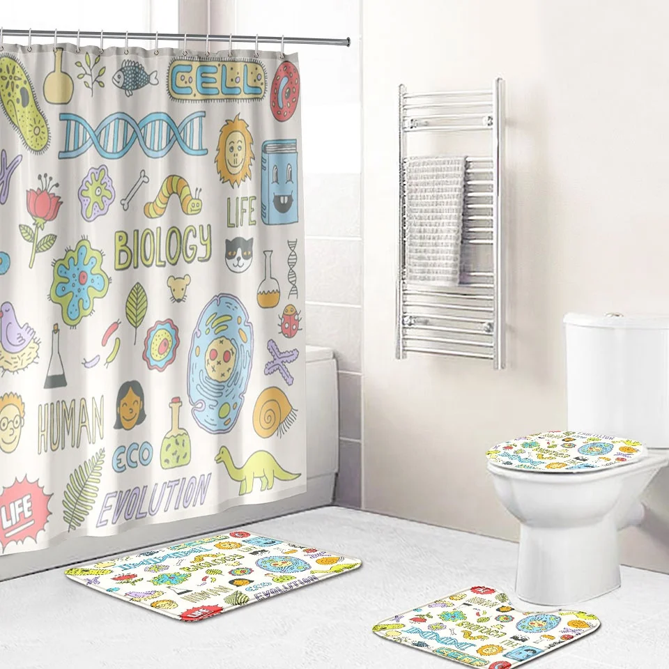 

2021 latest design children cartoon style bathroom set shower curtain set 4 3D digital printing waterproof polyester shower curt