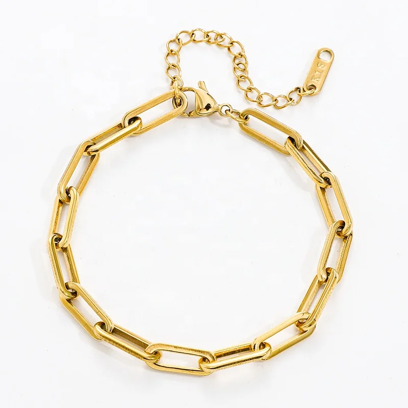 

Wholesale Custom PVD 18K Gold Plated Stainless Steel Flat Paper Clip Paperclip Link Chain Bracelet for Women