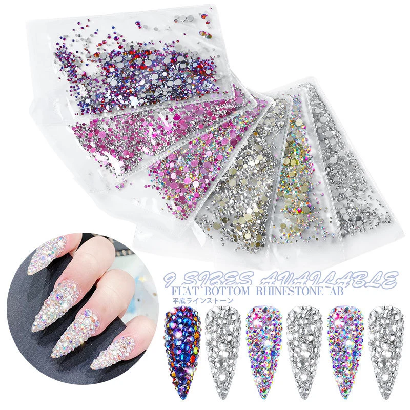 

1440 Pcs Nail Rhinestone Crystal AB Decoration Timeless Lasting SS3 - SS20 Glass Flatback Nail Glitter Diamond Salon Accessories, 13 optional colors