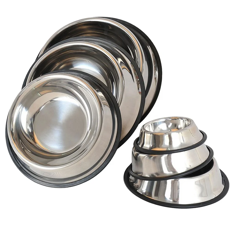 

Wholesale nonslip dog bowl/pet bowl /cat bowl with rubber base Stainless Steel Pet food drinking bowl Dish, Silver