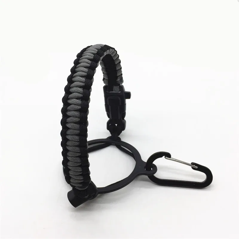 

Whistle flint fire starter water bottle paracord handle wide mouth bottles with carabiner for survival, Different color is available
