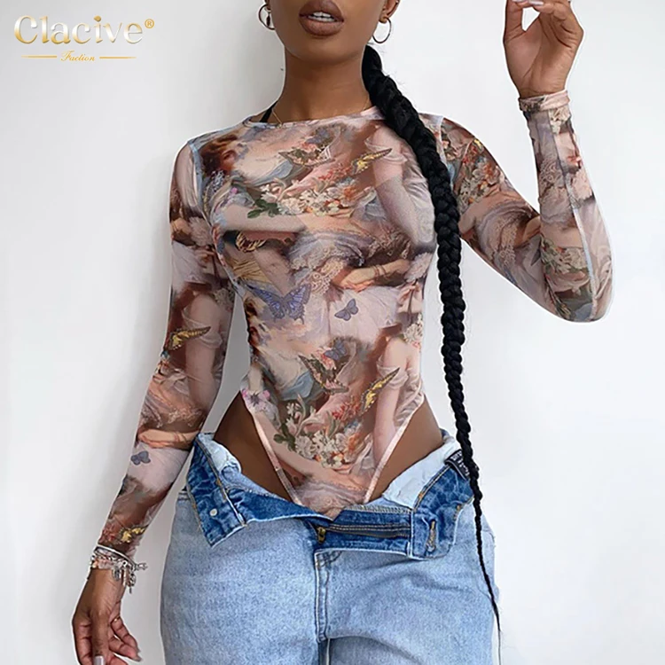 

Clacive Fast Shipping Womens Clothing 2021 Butterfly Print Long Sleeve Bodysuits Spring Autumn Latest Design Bodysuits Women