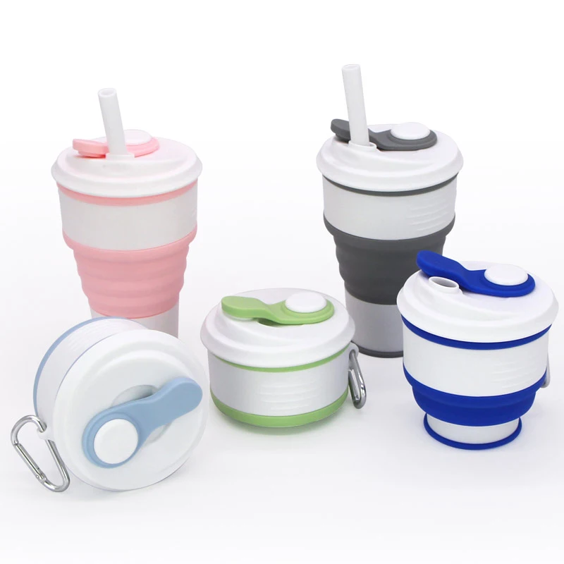 

2021 Hot Selling Silicone Collapsible Travel Coffee Cup with Lid and Straw, Sky grey, navy, lilac, matcha green, wathet blue, sakura pink