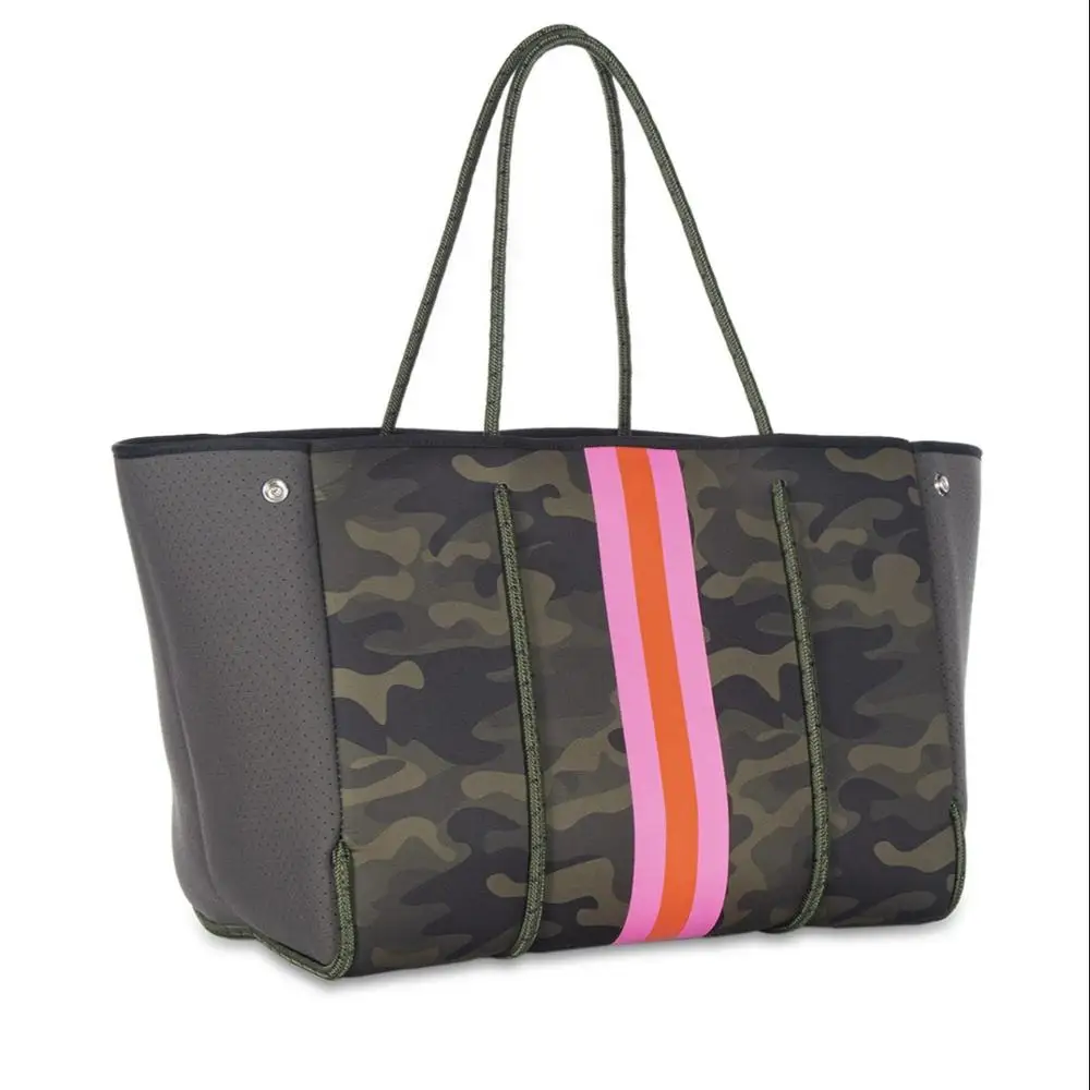 

2021 Green Camouflage Perforated Neoprene Tote Bag Neoprene Beach bag neoprene Tote Bag, Customizable