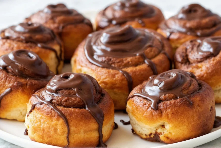 Finished chocolate cinnamon buns with glossy chocolate glaze drizzled over golden brown rolls