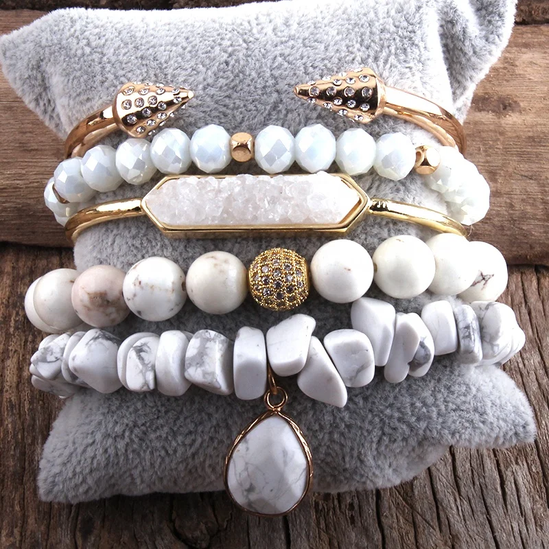 

Fashion Boho Jewelry Natural Stone & Druzy Bangle 5pc Bracelets Sets For Women Bohemian Jewelryes Gift
